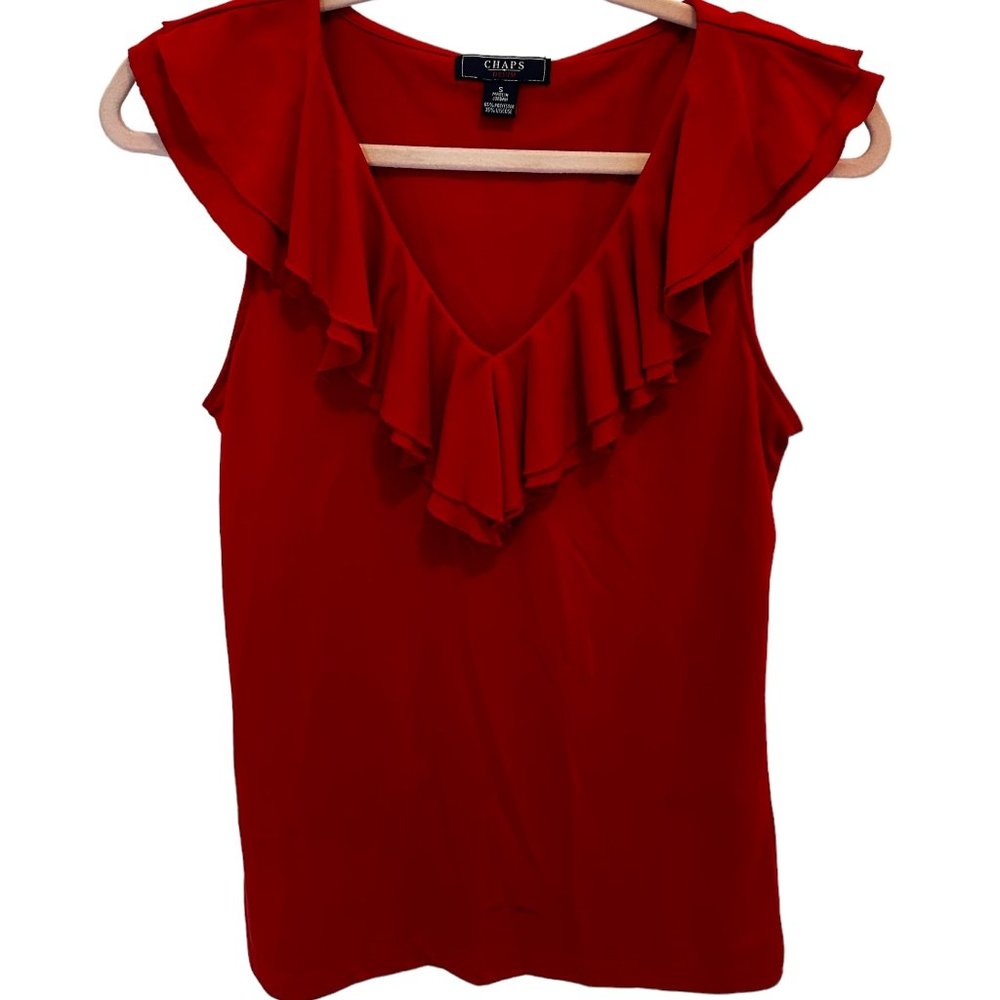 Cute red sleeveless top with frilly neckline